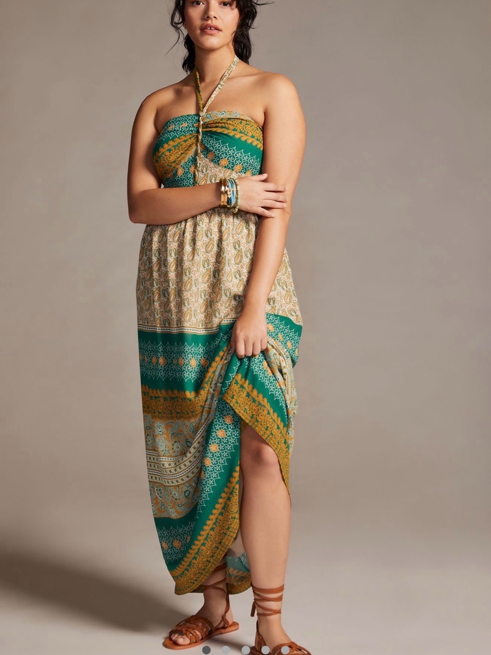 Anthropologie Green and Mustard Printed Strapless Maxi Dress. 3x. NWT